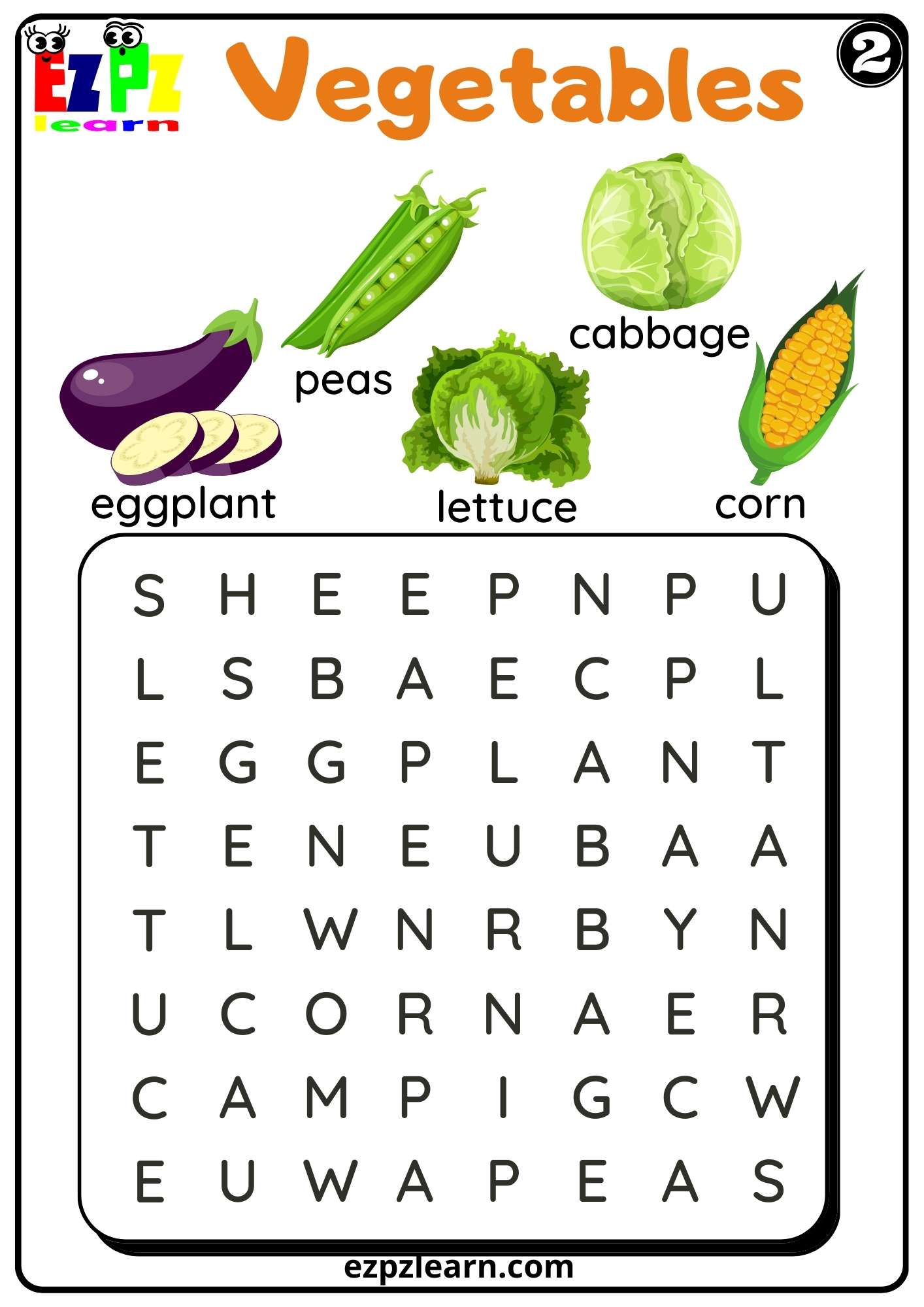Vegetables Word Search Worksheet for Kindergarten K5 and ESL Students Set 2